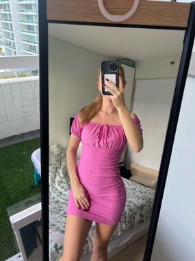 Heart & Hips Fuchsia Eyelet Puff-Sleeve Mini Dress